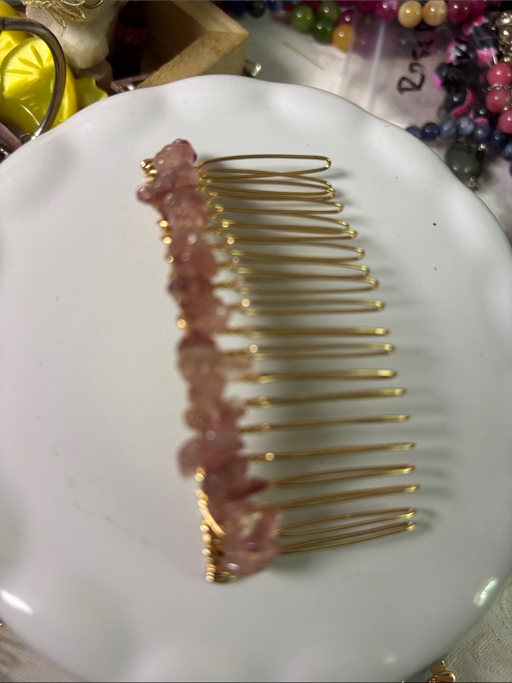Strawberry Quartz Gold Hair Comb with Pink Crystal Accents